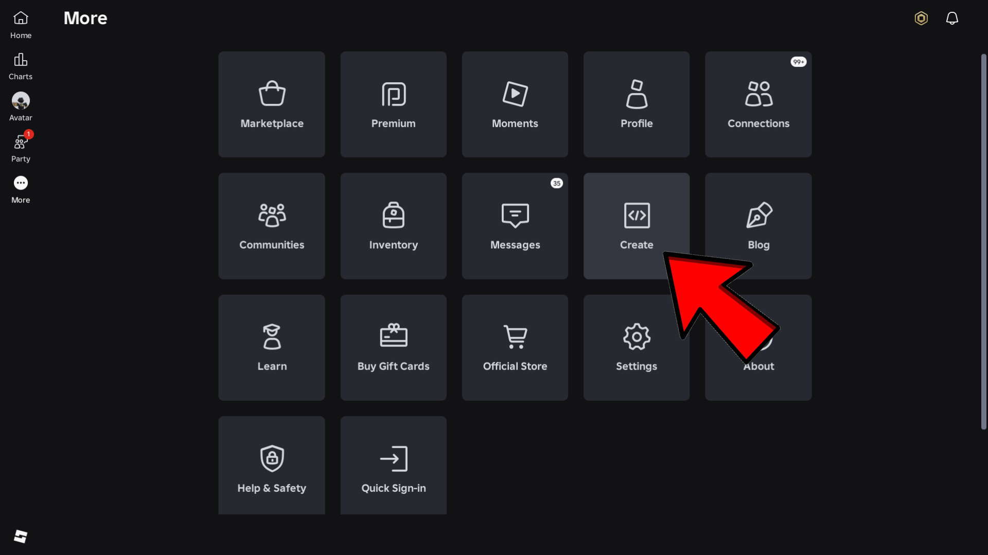 Roblox homepage with the Create button highlighted