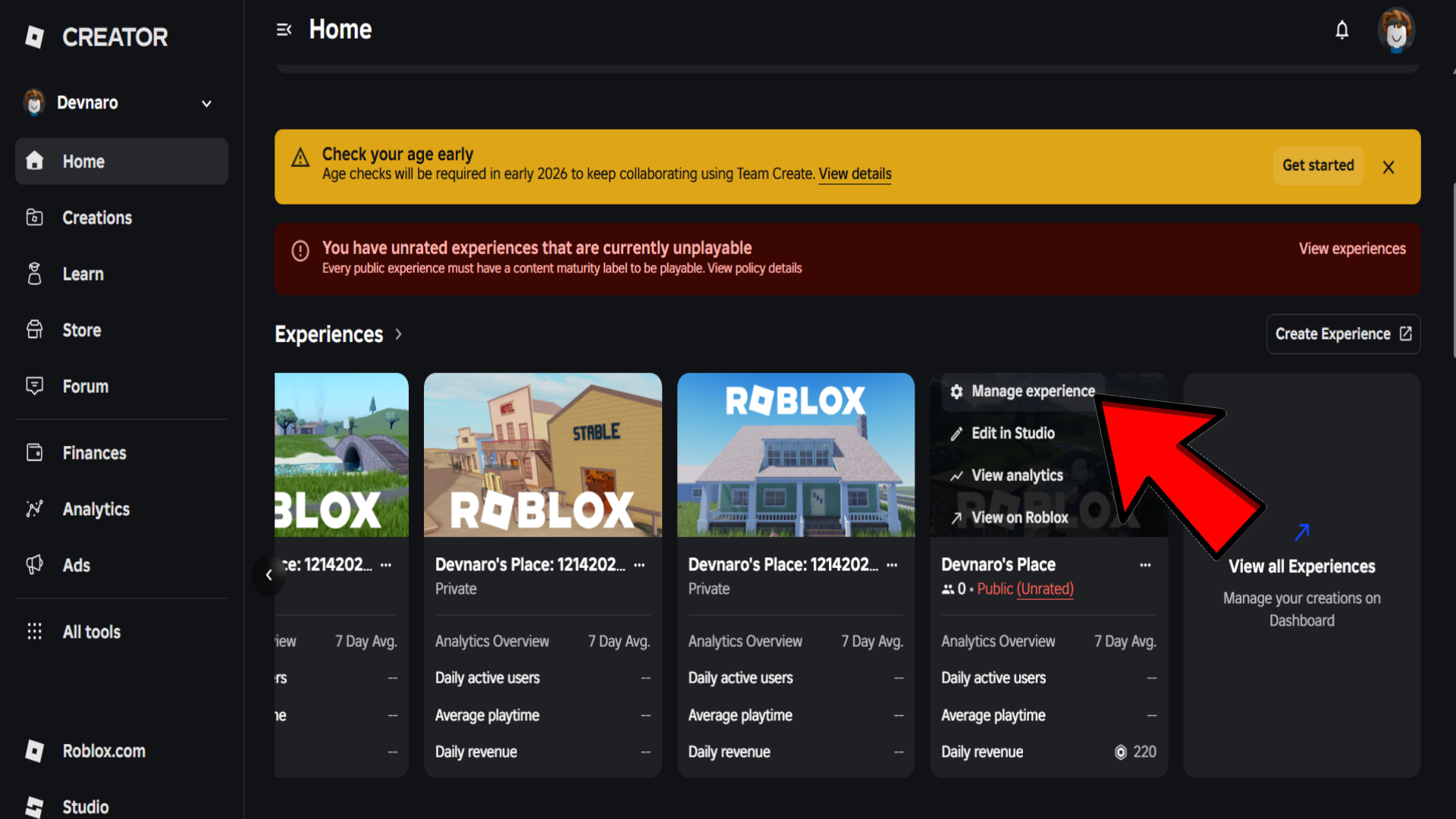 Creator Hub Experiences list with Manage experience button highlighted