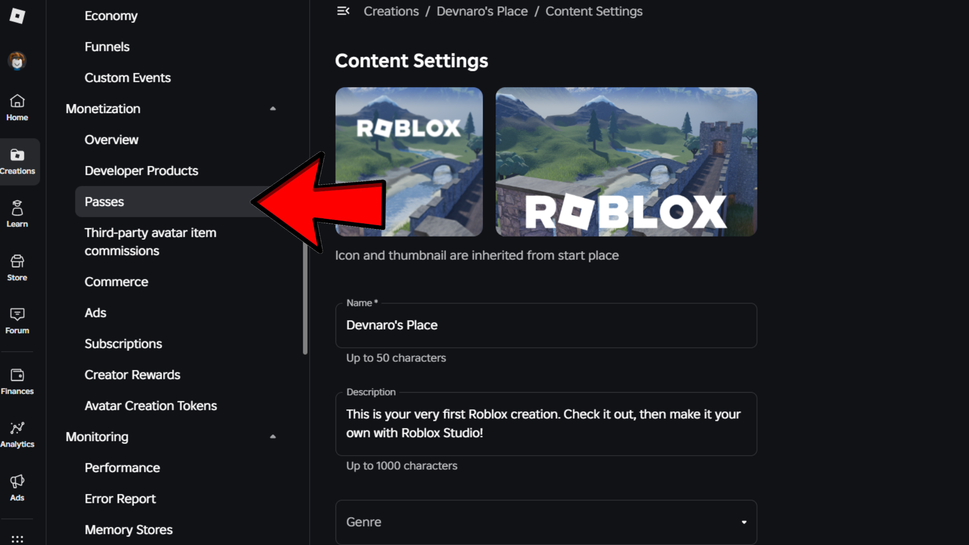 Game management sidebar with Monetization expanded and Passes option highlighted