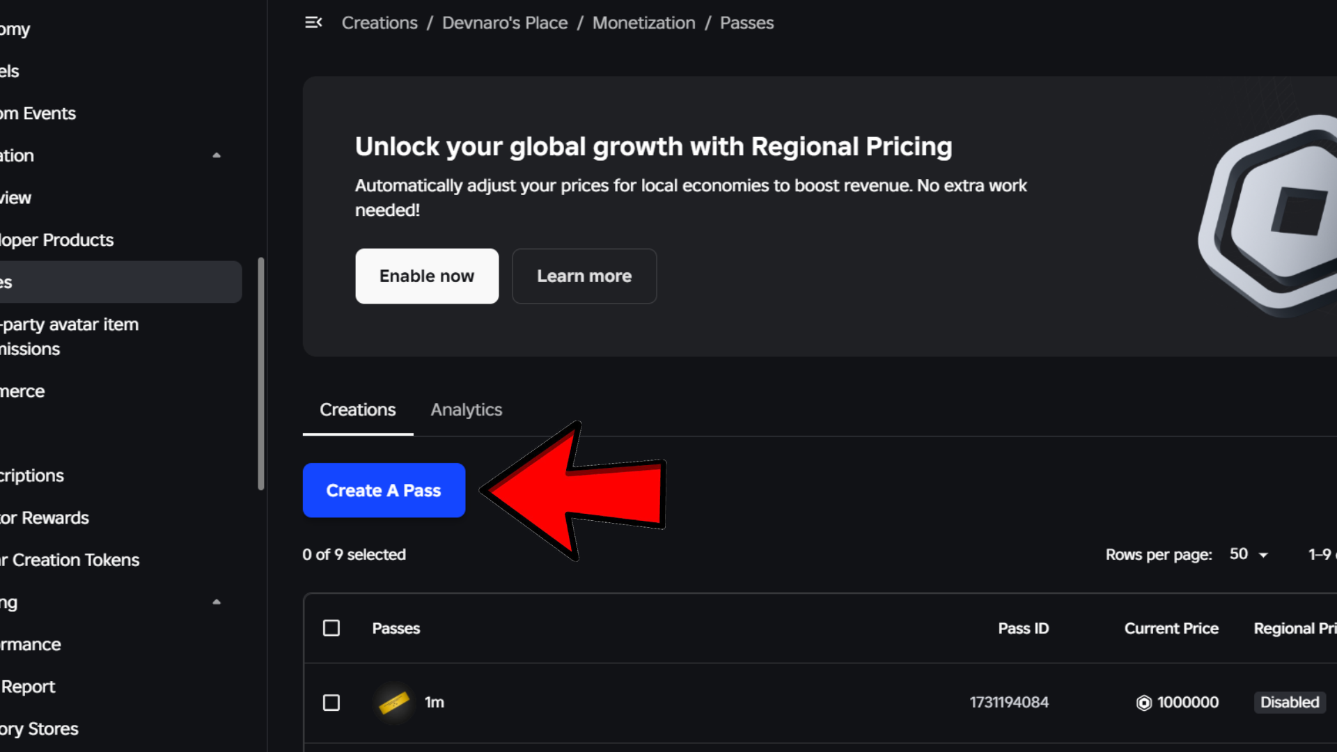 Passes page with Creations tab and Create A Pass button highlighted