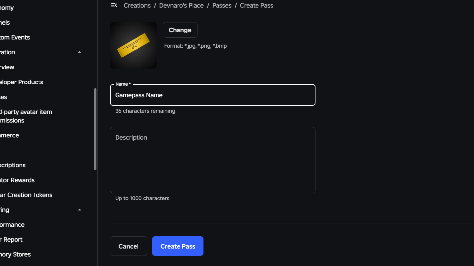 Game pass creation form with Name, Description, and Image upload fields