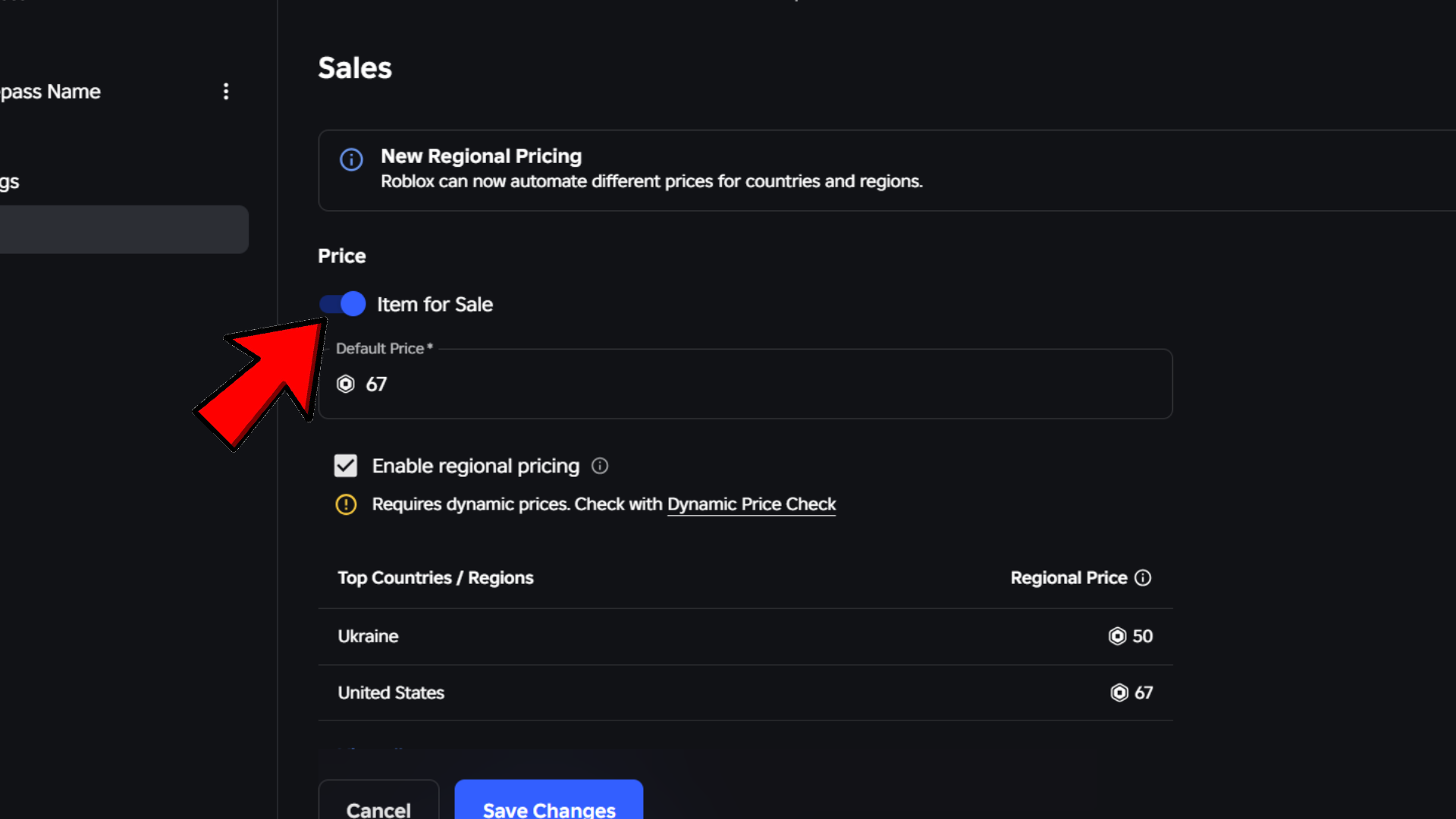 Game pass settings with Sales tab open and Item for Sale toggle enabled