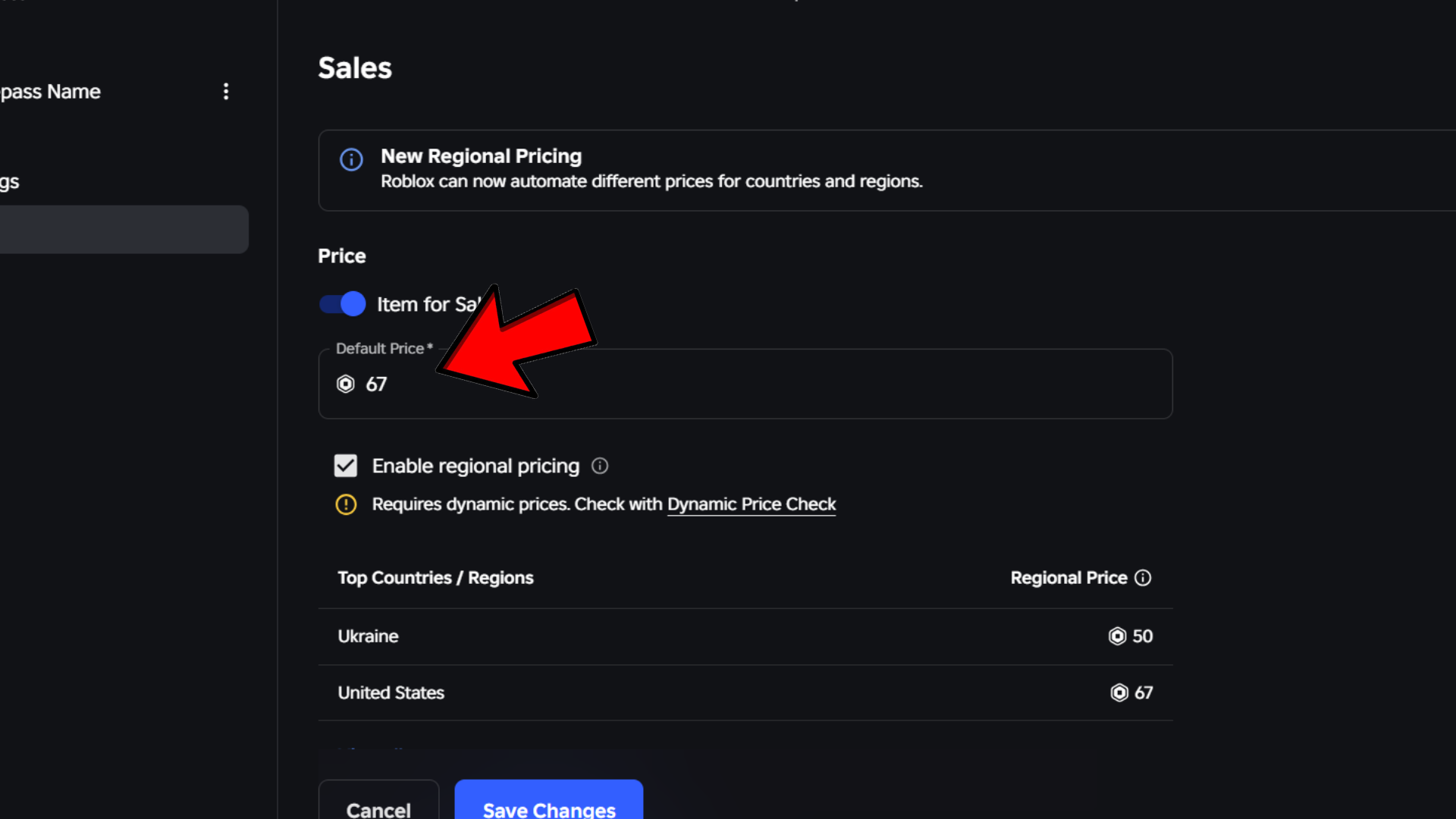 Sales tab showing the price input field in Robux